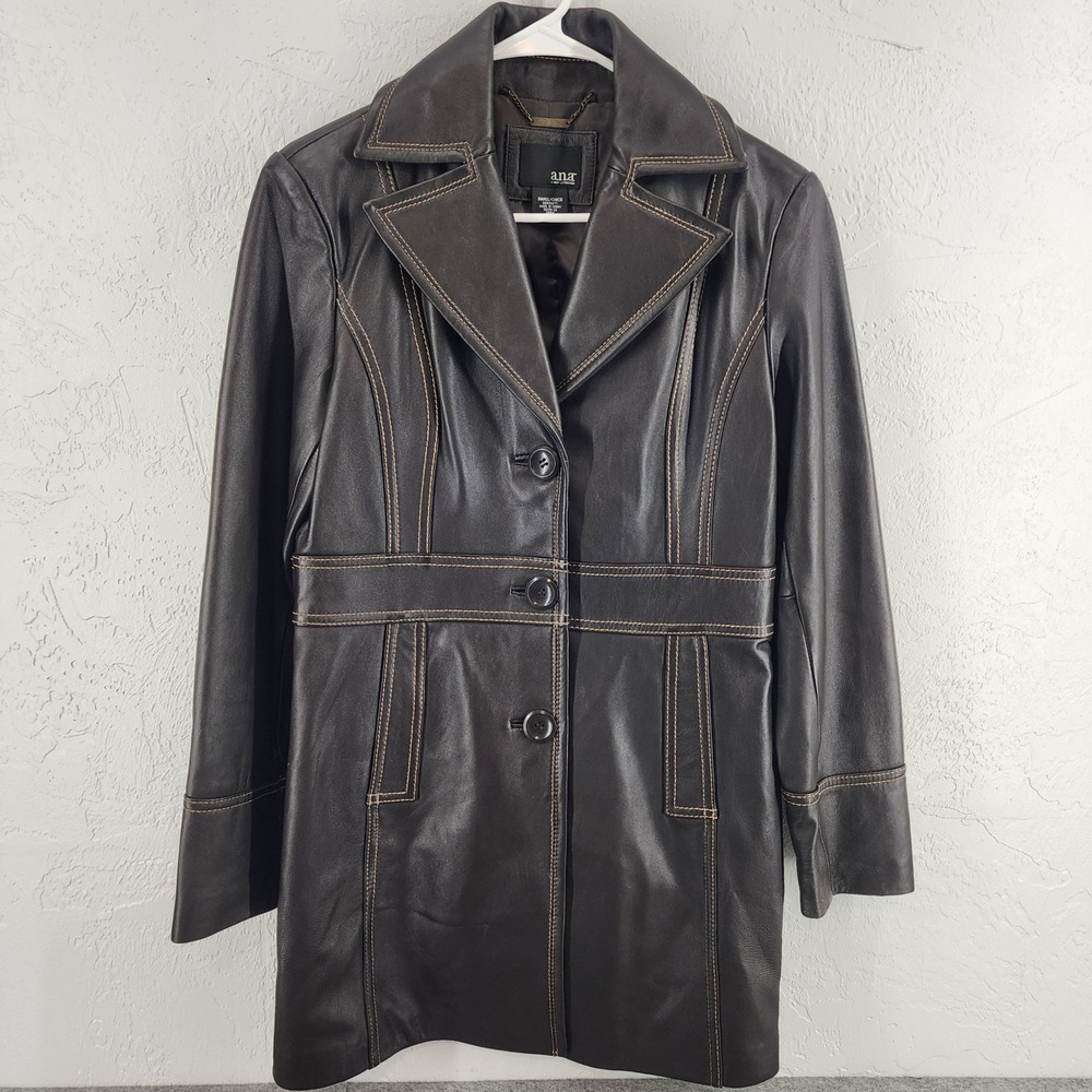 ana Brown Genuine Leather Contrast Stitch Trench Coat Small Womens